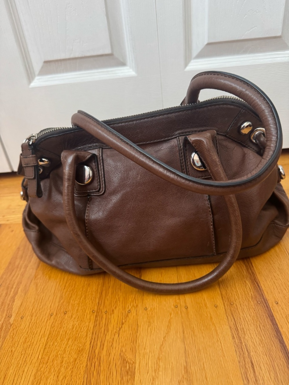 Banana Republic Brown Leather Satchel Handbag Silver Hardware